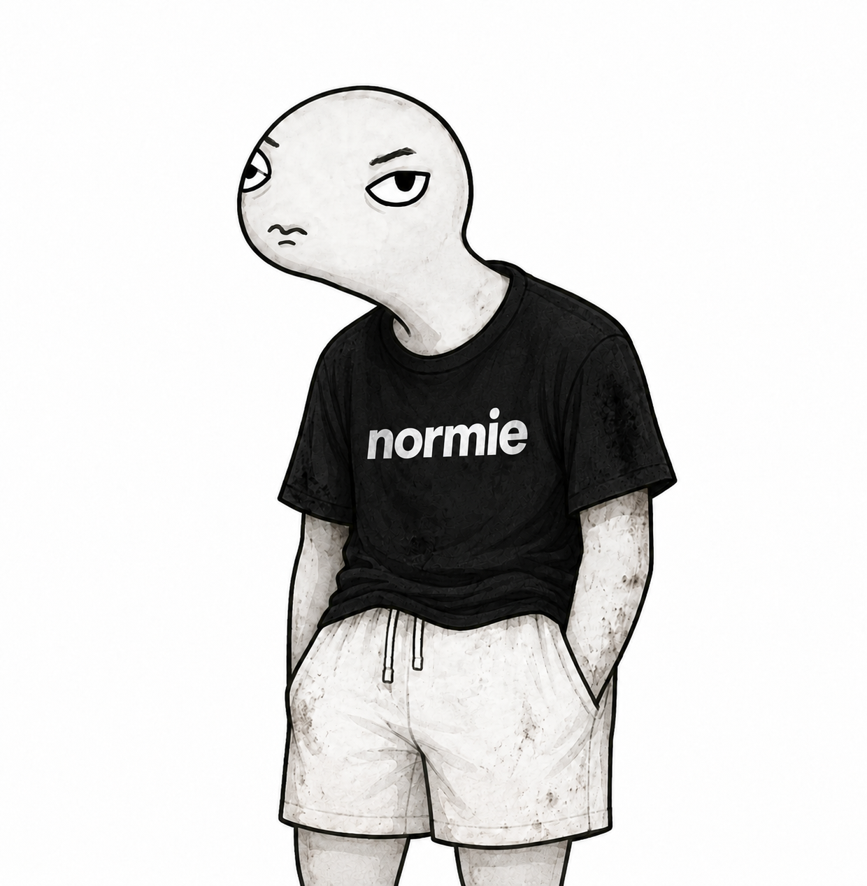 The $normie mascot: an unbothered everyman in a black normie tee, hands in his pockets